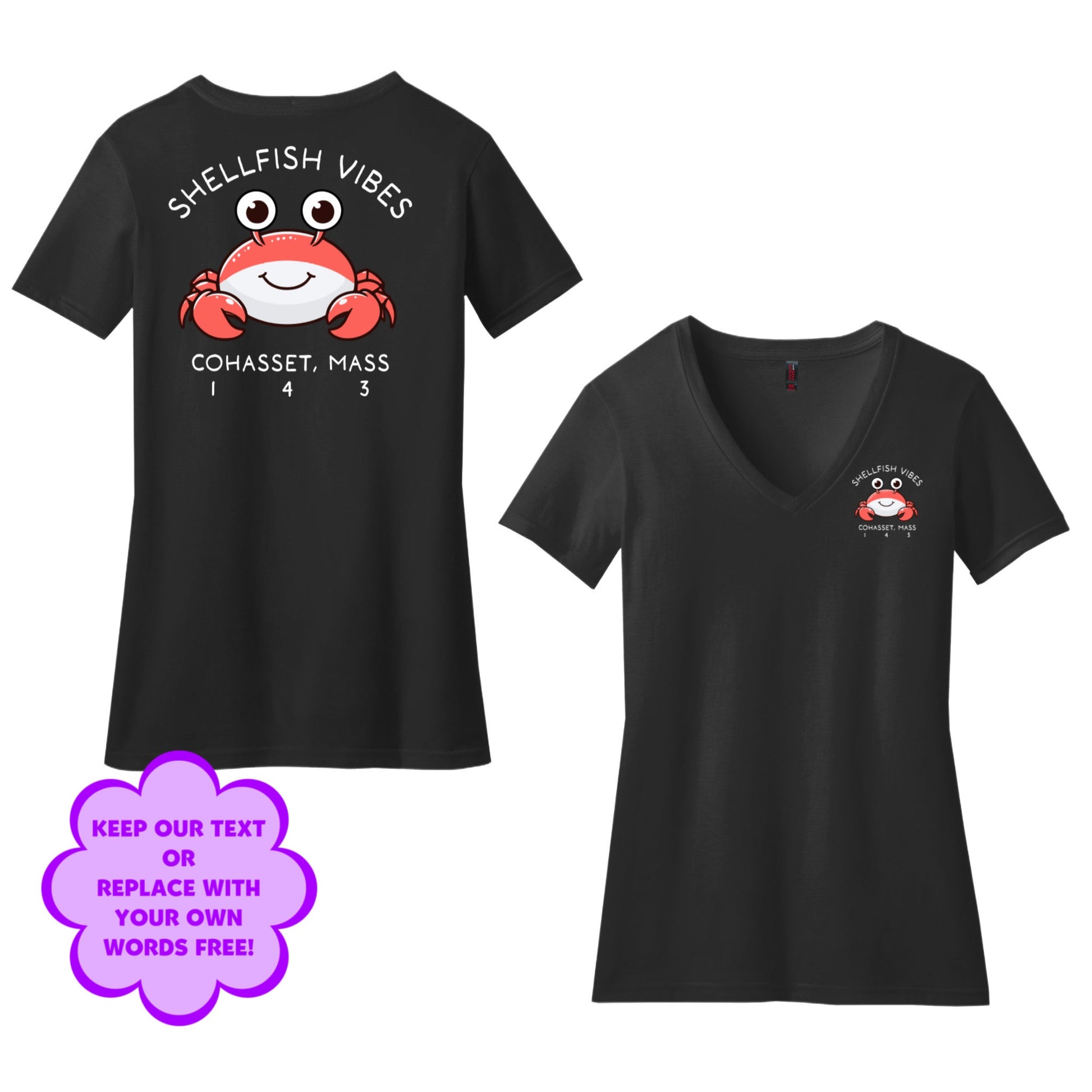 Personalize Free Beach Crabs, Cohasset, Women’s Cotton Tees from Baby Squid Ink 
