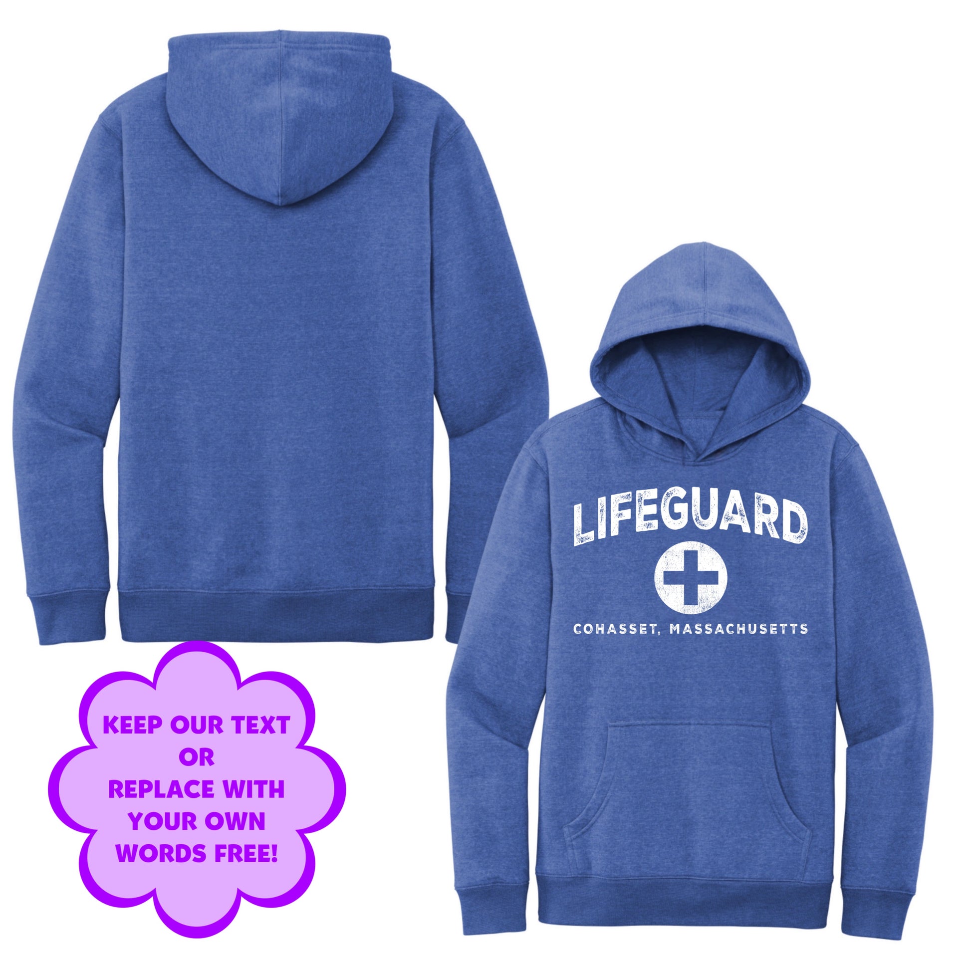 Personalize Free Beach Lifeguard, Cohasset, Adult Fleece Hoodies from Baby Squid Ink 