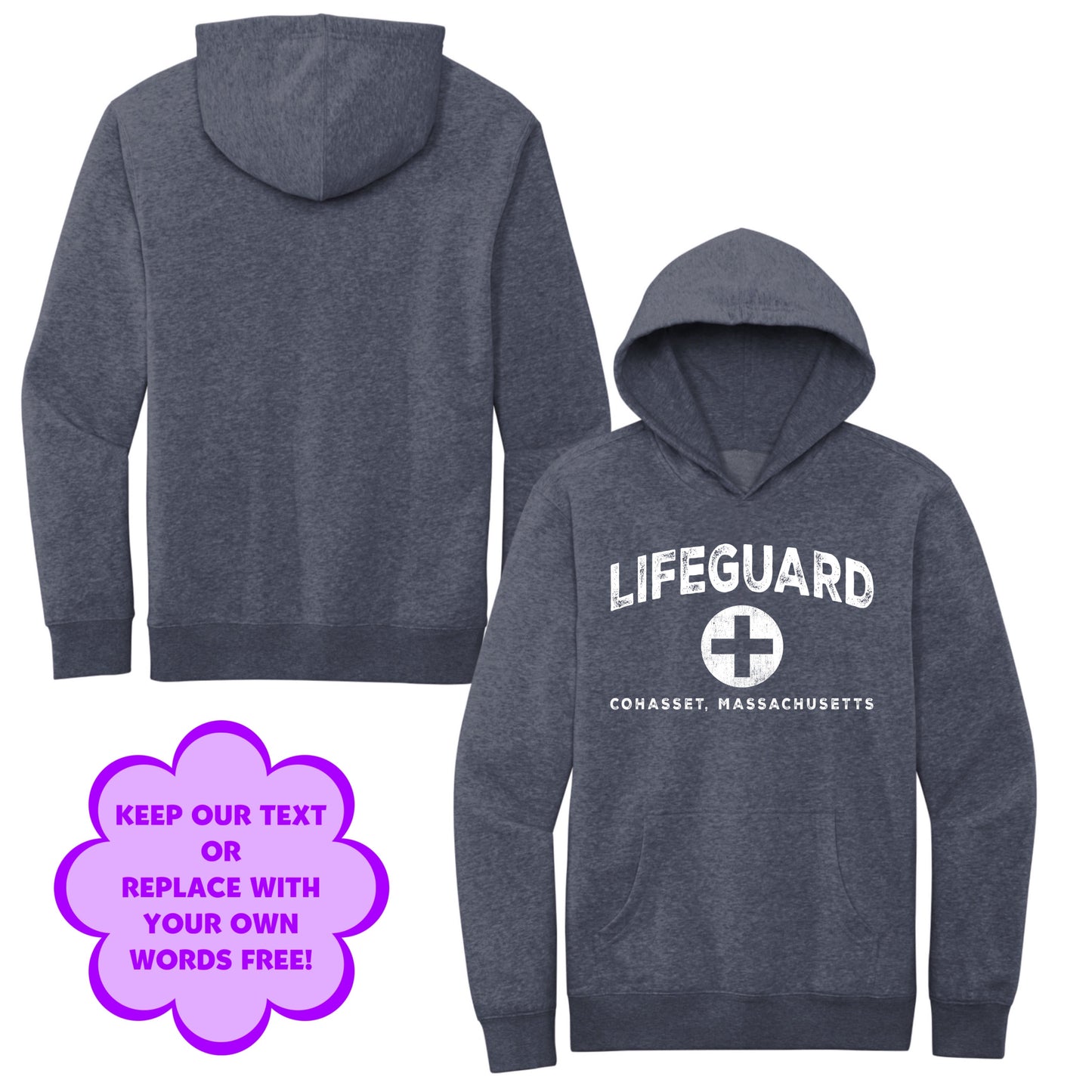 Personalize Free Beach Lifeguard, Cohasset, Kids Fleece Hoodies from Baby Squid Ink 