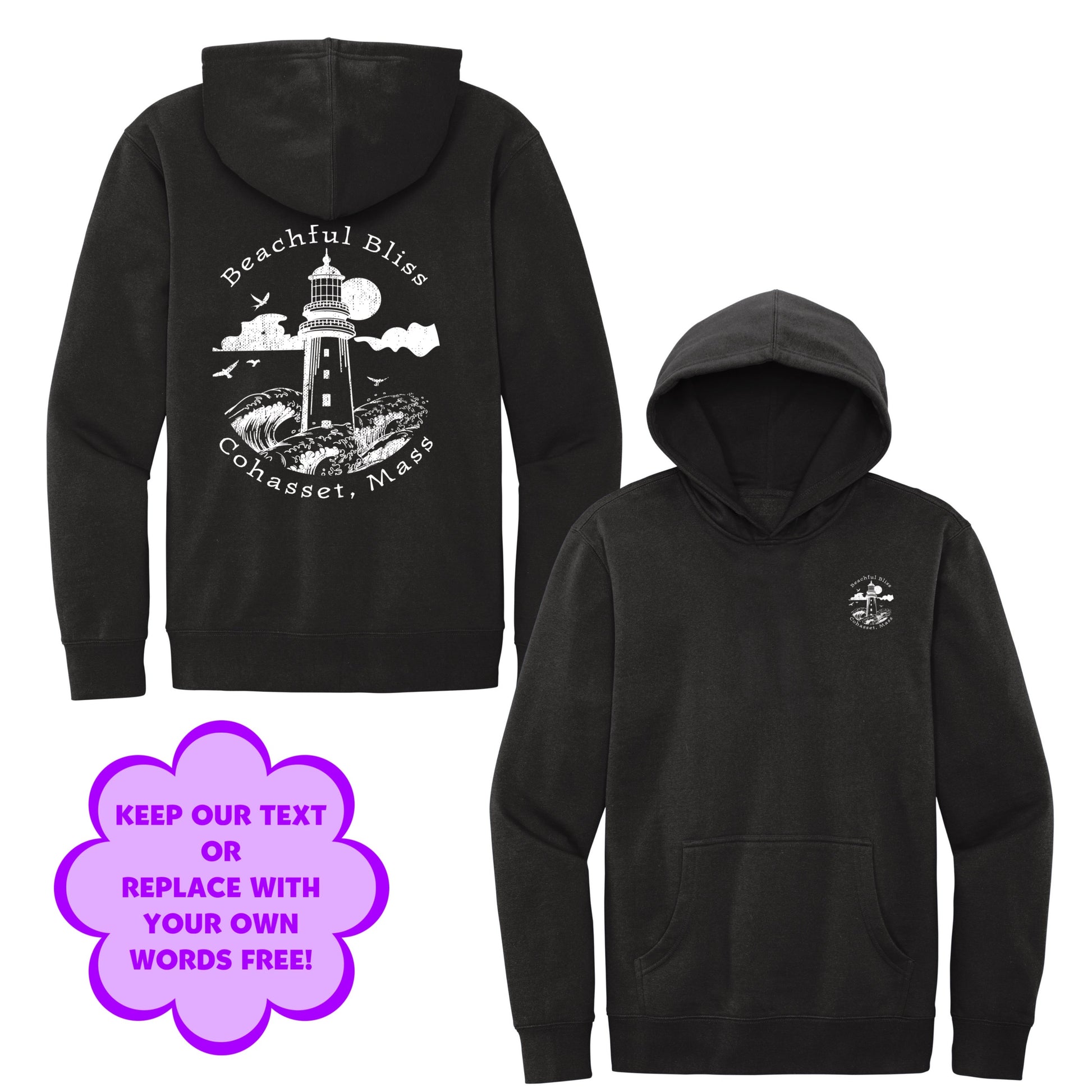 Personalize Free Beach Lighthouse, Cohasset, Adult Fleece Hoodies from Baby Squid Ink 