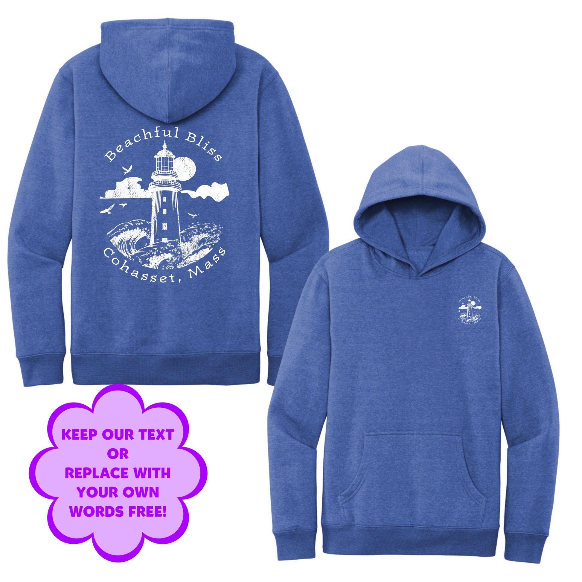 Personalize Free Beach Lighthouse, Cohasset, Adult Fleece Hoodies from Baby Squid Ink 