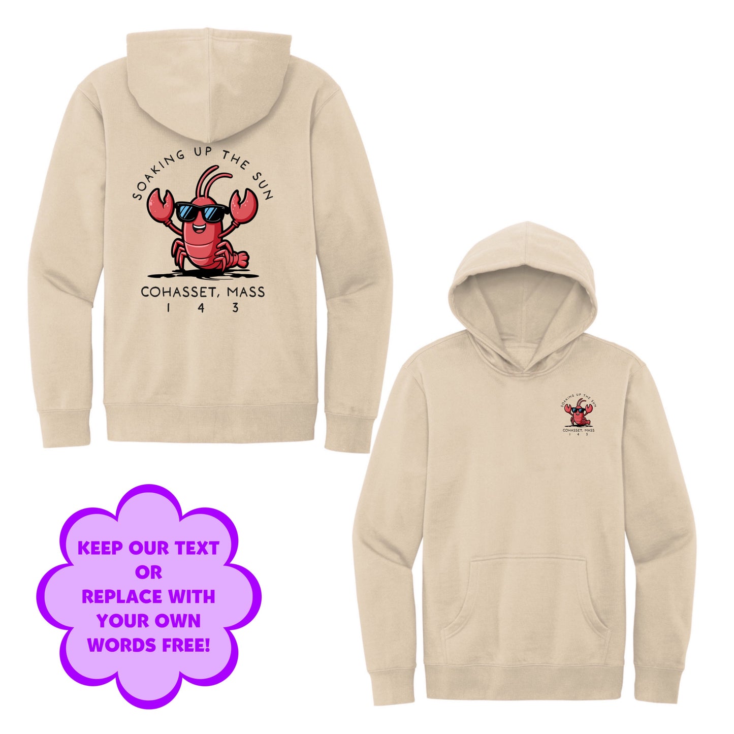 Personalize Free Beach Lobster, Cohasset, Adult Fleece Hoodies from Baby Squid Ink 