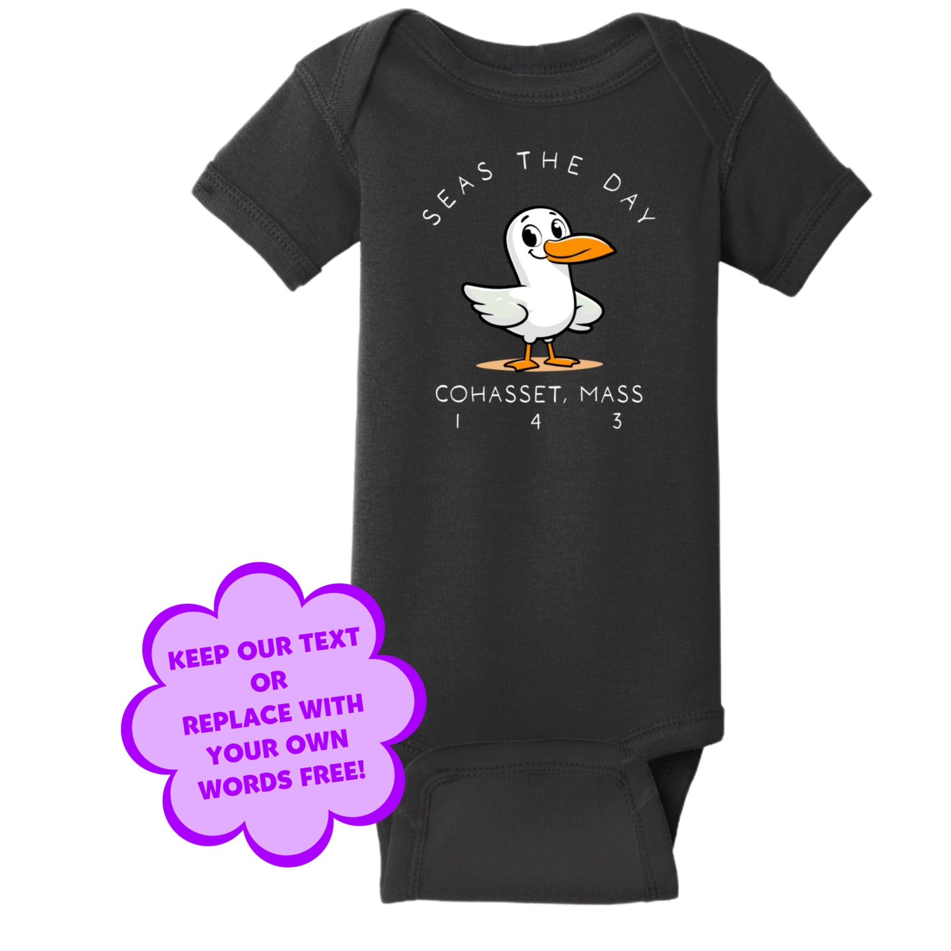Personalize Free Beach Seagull, Cohasset, Cotton Onesies from Baby Squid Ink 