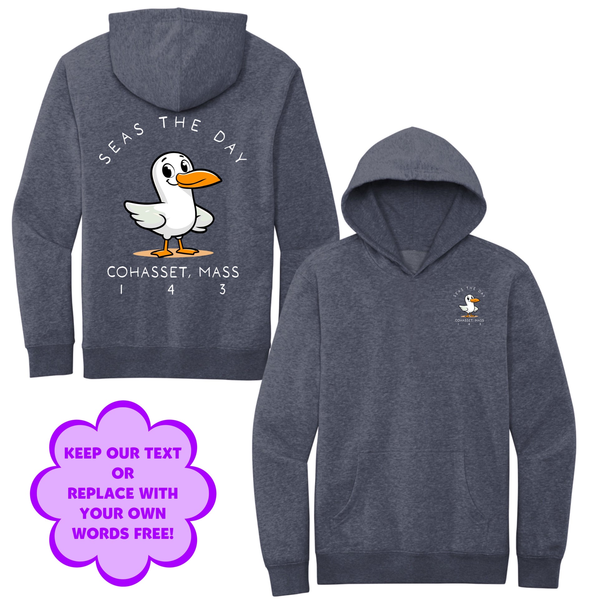 Personalize Free Beach Seagull, Cohasset, Adult Fleece Hoodies from Baby Squid Ink 