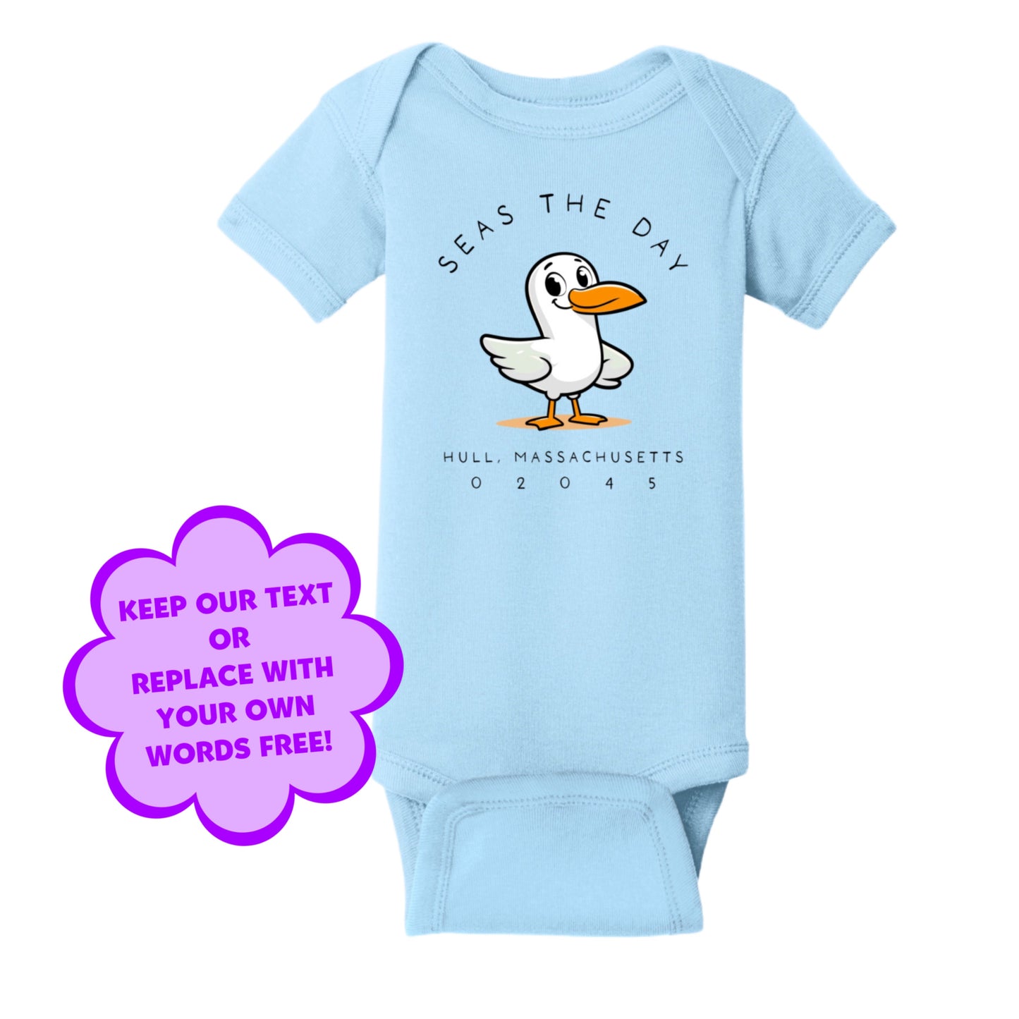 Personalize Free Beach Seagull, Hull, Cotton Onesies from Baby Squid Ink 