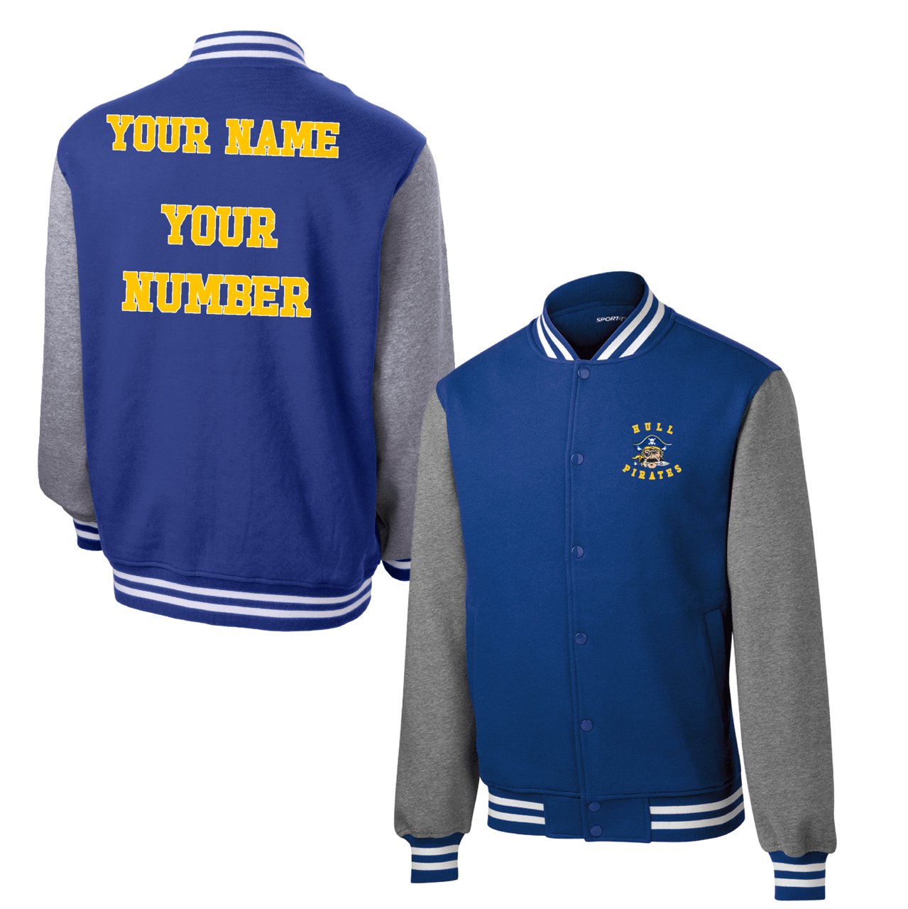 Hull Pirates Add Your Name and Number, Fleece Letterman Jacket, Adult Sizes - Baby Squid Ink